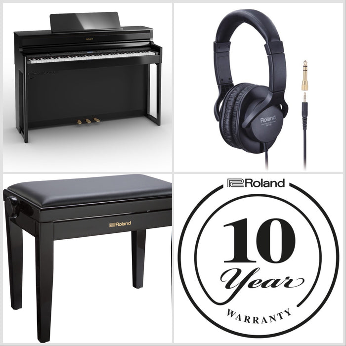 Roland HP704-PE Digital Upright Piano Polished Ebony Bundle - Fair Deal Music