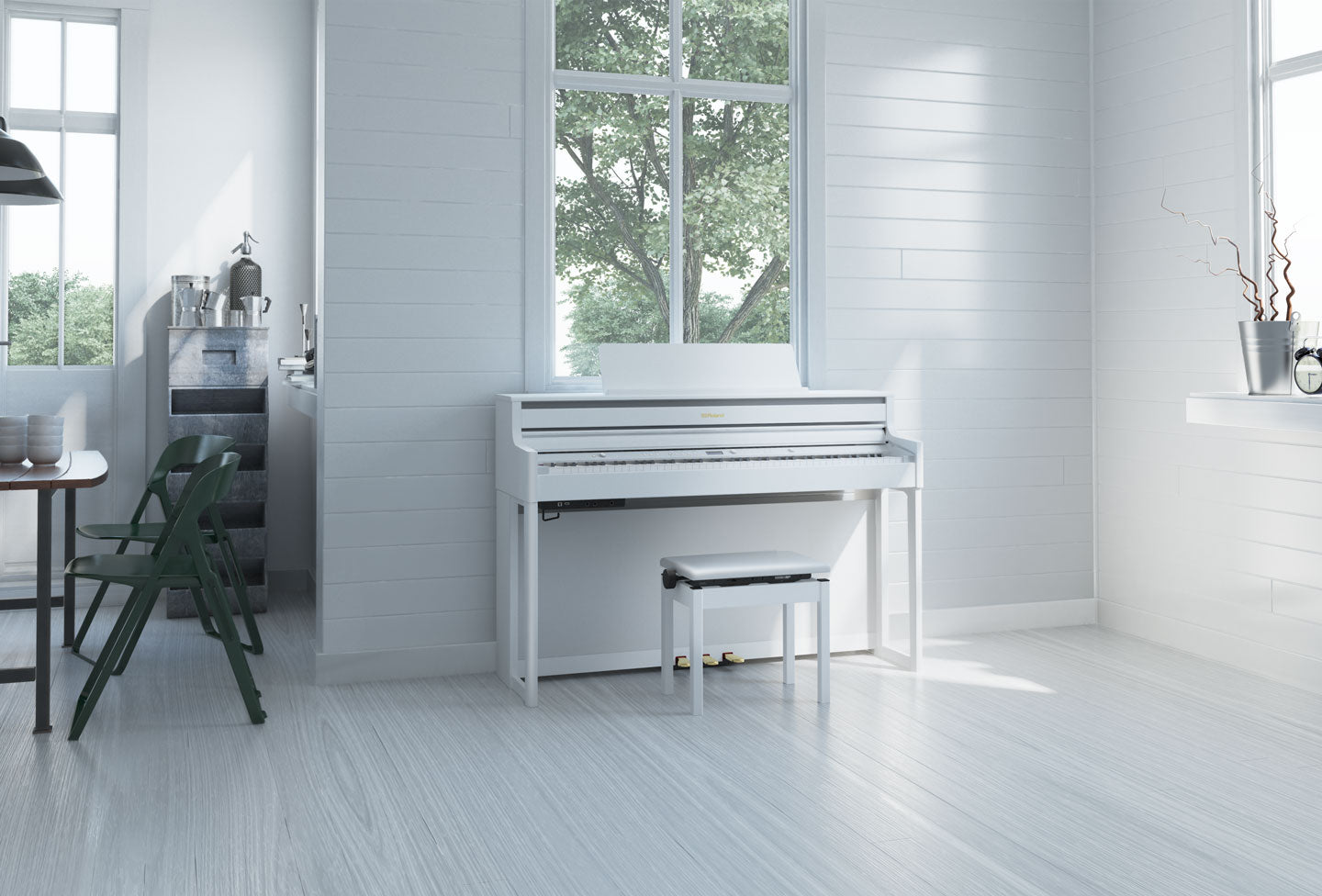Roland HP704-WH Digital Upright Piano White Satin Bundle - Fair Deal Music