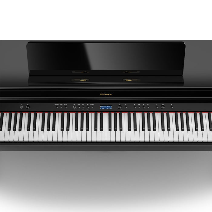 Roland HP704-PE Digital Upright Piano Polished Ebony Bundle - Fair Deal Music