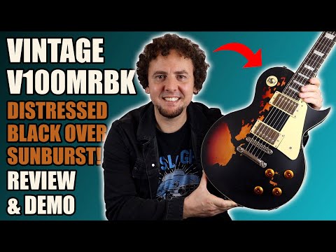 Vintage V100 ICON Electric Guitar ~ Distressed Black Over Sunburst - Fair Deal Music