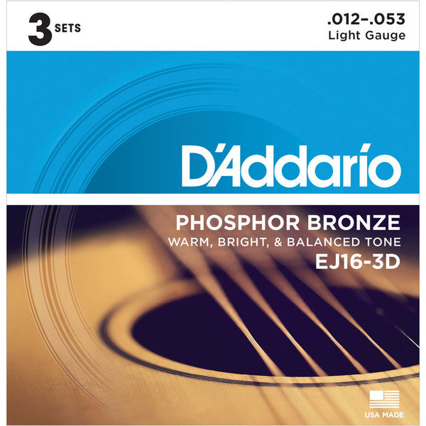 D'Addario EJ16-3D Phosphor Bronze Acoustic,Light, 12-53, 3 Pack - Fair Deal Music