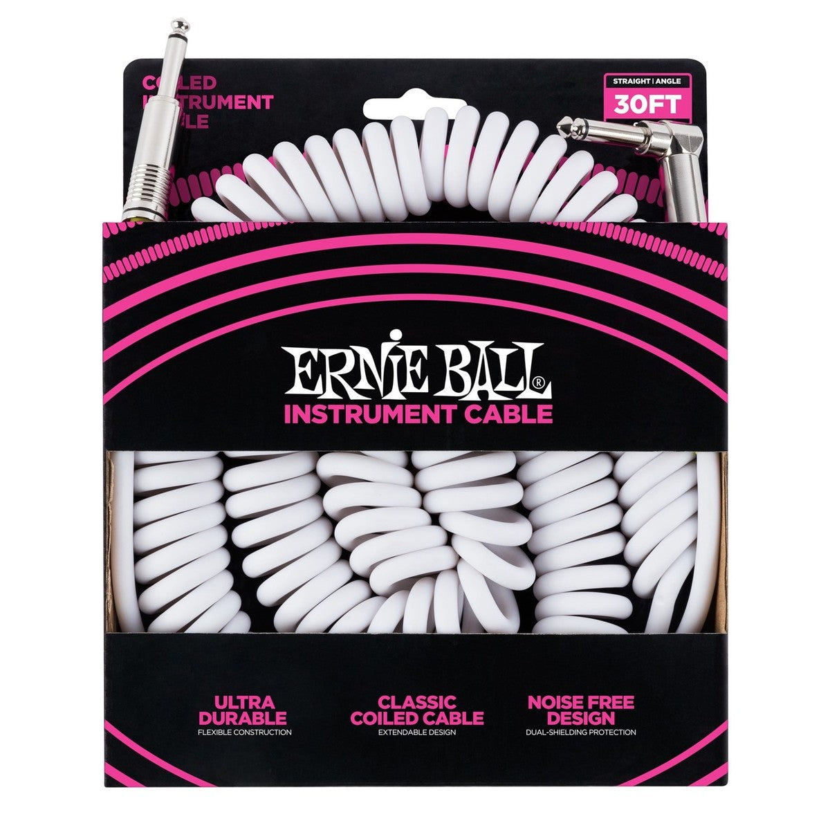 Ernie Ball 30ft Straight-Angle Coiled Instrument Cable, White - Fair Deal Music