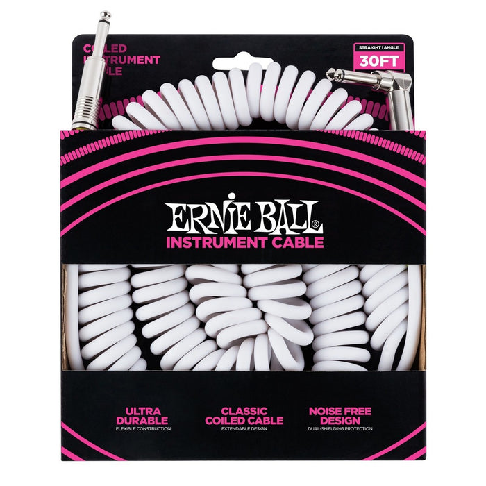 Ernie Ball 30ft Straight-Angle Coiled Instrument Cable, White - Fair Deal Music